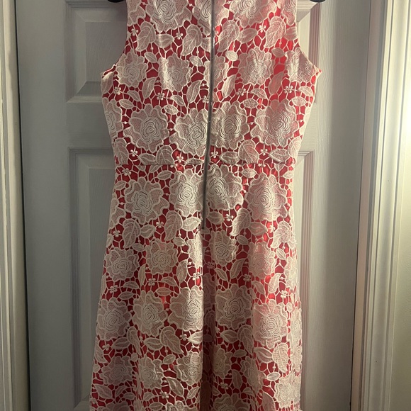 Karl Lagerfeld Crochet Lace Overlay Coral Fit Flare Wedding Guest Dress NICE! - Picture 4 of 11